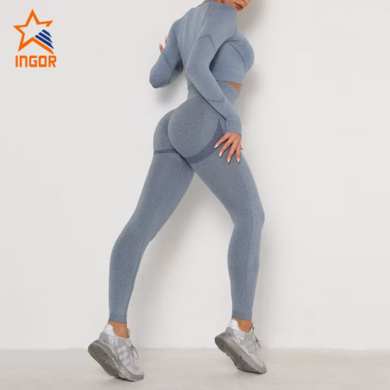 Ingor Sportswear Conjuntos de Yoga sin Costuras Europeos y Americanos Camisas Deportivas de Manga Larga para Mujer de Cintura Alta y Leggings de Yoga Fitness Dos