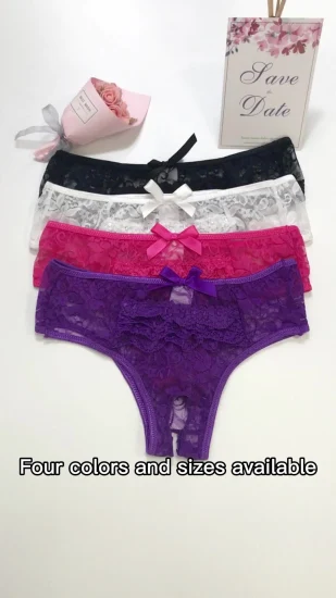 Ropa interior de encaje de entrepierna abierta con estilo, bragas sexis transparentes de talla grande para mujer madura