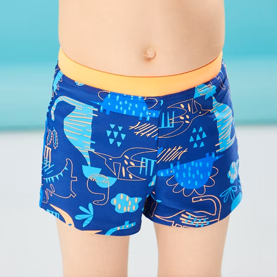 2021 Traje de baño corto de moda con estampado de Dino multidireccional y cintura sólida en contraste para niños